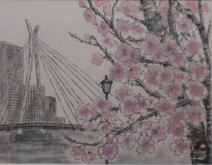 サクラと橋(水墨)木村芳子さん作